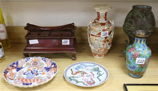 A group of Oriental ceramics, a lacquer box, a bronze, etc.